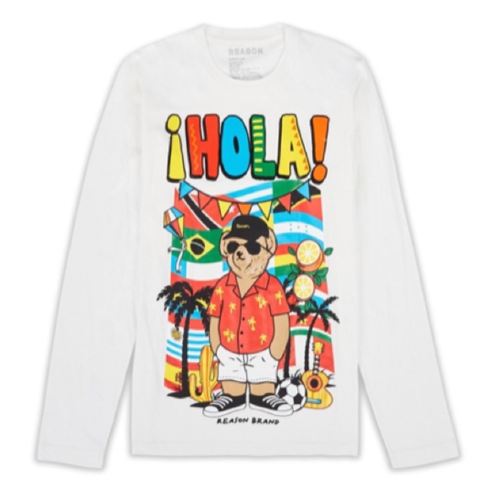 Reason Men’s “Hola” Long Sleeve White  Cotton Graphic T-Shirt